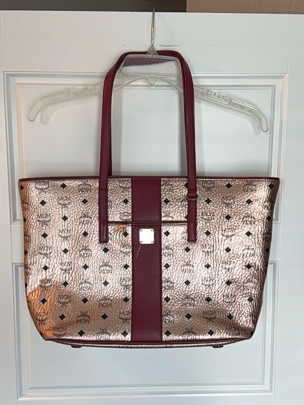 MCM Metallic Rose Gold Tote with Burgundy Trim